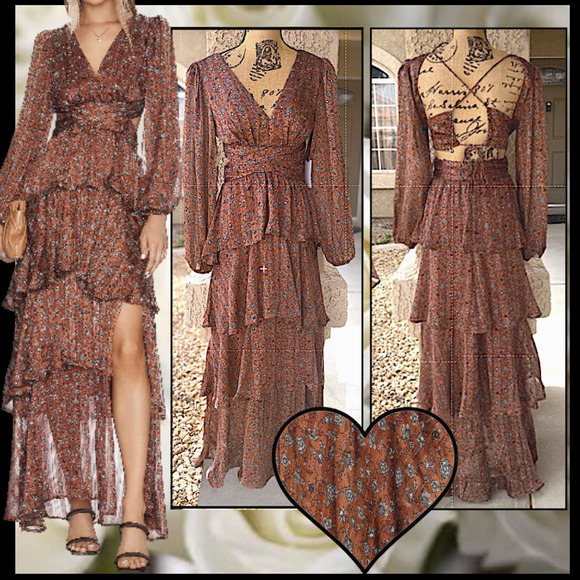 ASTR The Label Anora Copper Black Ditsy Long Sleeve Open Back Maxi Dress Size L - Picture 1 of 9